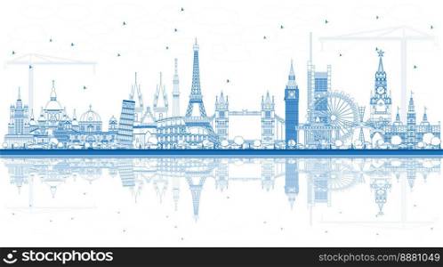 Outline Famous Landmarks in Europe with Reflections. Vector Illustration. Business Travel and Tourism Concept. Image for Presentation, Banner, Placard and Web Site.