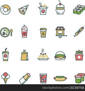 Outline fast food vector icons with flat color elements. Outline fast food and chinese food vector icons with flat color elements. Pizza and burger, lunch sandwich with cake illustration