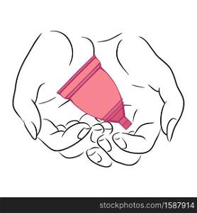 Outline female hands hold the pink menstrual cup. Caring for womens health. Zero waste product. Vector contour illustration for postcards, articles and your creativity.. Outline female hands hold the pink menstrual cup. Caring for womens health. Zero waste product. Vector contour illustration