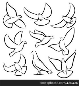 Outline flying doves, white birds and pigeons vector logos. Holy spirit, easter, love and peace design elements. Dove sketch, bird pigeon freedom and love illustration. Outline flying doves, white birds and pigeons vector logos. Holy spirit, easter, love and peace design elements