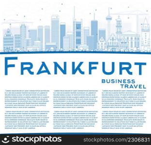 Outline Frankfurt Skyline with Blue Buildings and Copy Space. Vector Illustration. Business Travel and Tourism Concept with Modern Buildings. Image for Presentation Banner Placard and Web Site.