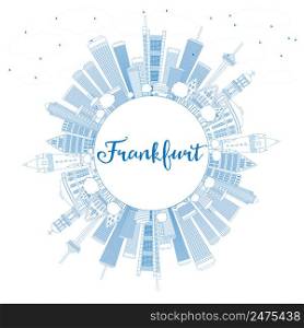Outline Frankfurt Skyline with Blue Buildings and Copy Space. Vector Illustration. Business Travel and Tourism Concept with Modern Architecture. Image for Presentation Banner Placard and Web Site.