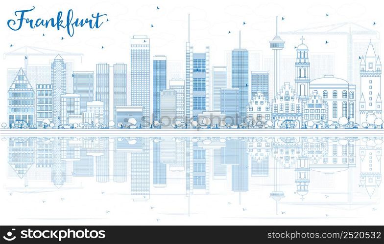 Outline Frankfurt Skyline with Blue Buildings and Reflections. Vector Illustration. Business Travel and Tourism Concept with Modern Architecture. Image for Presentation Banner Placard and Web Site.