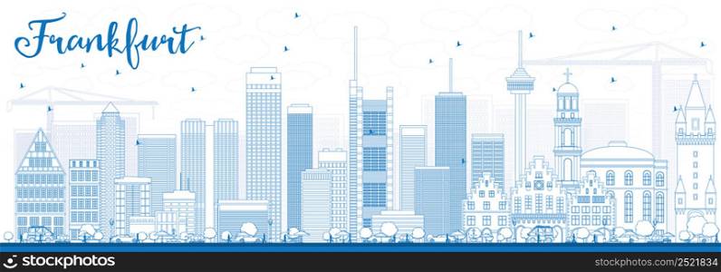 Outline Frankfurt Skyline with Blue Buildings. Vector Illustration. Business Travel and Tourism Concept with Modern Buildings. Image for Presentation Banner Placard and Web Site.