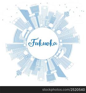 Outline Fukuoka Skyline with Blue Landmarks and Copy Space. Vector Illustration. Business Travel and Tourism Concept with Historic Buildings. Image for Presentation Banner Placard and Web Site.