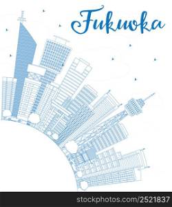 Outline Fukuoka Skyline with Blue Landmarks and Copy Space. Vector Illustration. Business Travel and Tourism Concept with Historic Buildings. Image for Presentation Banner Placard and Web Site.