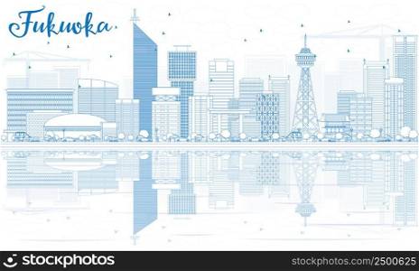 Outline Fukuoka Skyline with Blue Landmarks and Reflections. Vector Illustration. Business Travel and Tourism Concept with Historic Buildings. Image for Presentation Banner Placard and Web Site.