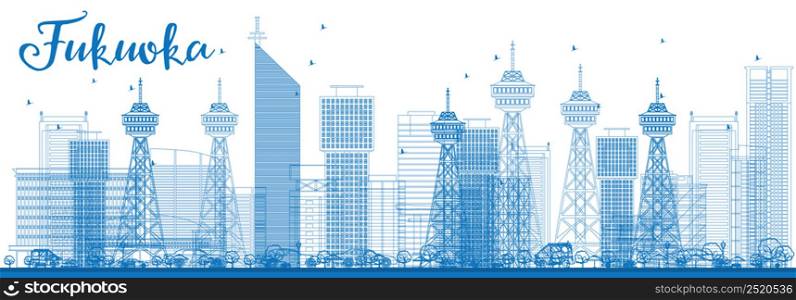 Outline Fukuoka Skyline with Blue Landmarks. Vector Illustration. Business Travel and Tourism Concept with Historic Buildings. Image for Presentation Banner Placard and Web Site.