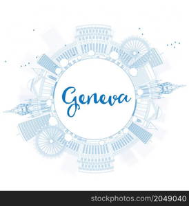 Outline Geneva skyline with blue landmarks and copy space. Vector illustration. Business travel and tourism concept with place for text. Image for presentation, banner, placard and web site.