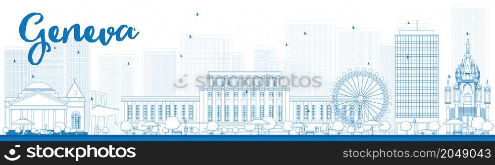 Outline Geneva skyline with blue landmarks. Vector illustration. Business travel and tourism concept with historic buildings. Image for presentation, banner, placard and web site.