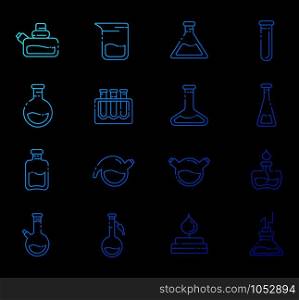outline gradient icons - laboratory flasks, graduated measuring cup and test tubes for diagnosis, analysis, scientific experiment. Chemical lab and equipment. Isolated vector objectsor signs in line style . Laboratory Flasks Icon Set