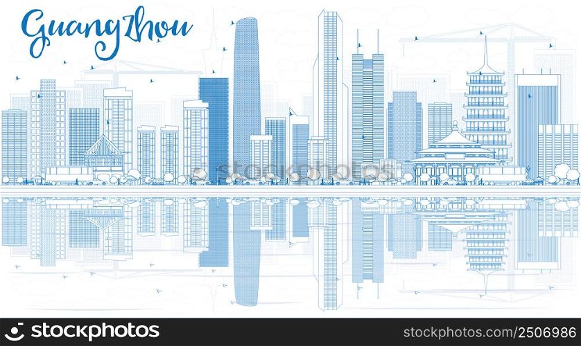 Outline Guangzhou Skyline with Blue Buildings and Reflections. Vector Illustration. Business Travel and Tourism Concept with Modern Buildings. Image for Presentation Banner Placard and Web Site.