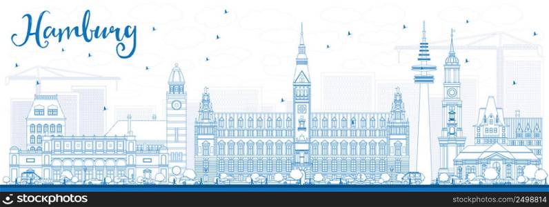 Outline Hamburg Skyline with Blue Buildings. Vector Illustration. Business Travel and Tourism Concept with Historic Architecture. Image for Presentation Banner Placard and Web Site.