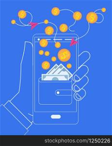 Outline Hand Holding Smartphone with Wallet and Golden Coins on Screen and Around on Blue Background. Paying with Cellphone. Online Mobile Payment, Internet Banking, Flat Vector Illustration, Icon.. Hand Holding Smartphone with Wallet and Coins