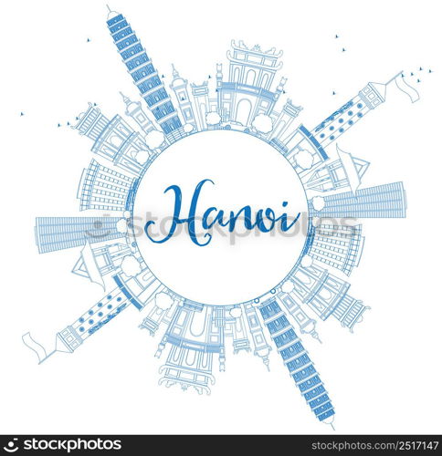 Outline Hanoi skyline with blue Landmarks and copy space. Vector illustration. Business and tourism concept with copy space. Image for presentation, banner, placard or web site