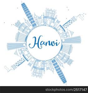 Outline Hanoi skyline with blue Landmarks and copy space. Vector illustration. Business and tourism concept with copy space. Image for presentation, banner, placard or web site