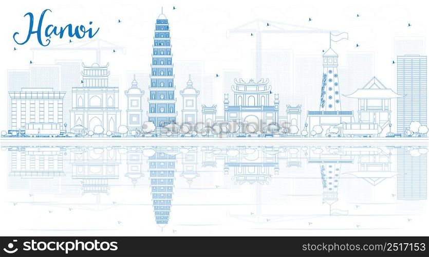 Outline Hanoi skyline with blue Landmarks and reflections. Vector illustration. Business and tourism concept with copy space. Image for presentation, banner, placard or web site