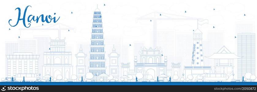 Outline Hanoi skyline with blue Landmarks. Vector illustration. Business and tourism concept with buildings. Image for presentation, banner, placard or web site