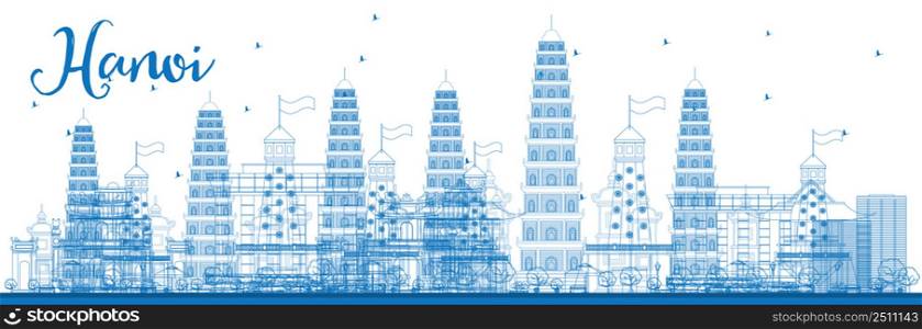 Outline Hanoi skyline with blue Landmarks. Vector illustration. Business and tourism concept with buildings. Image for presentation, banner, placard or web site