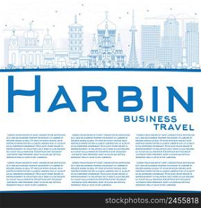 Outline Harbin Skyline with Blue Buildings and Copy Space. Vector Illustration. Business Travel and Tourism Concept with Historic Architecture. Image for Presentation Banner Placard and Web Site.