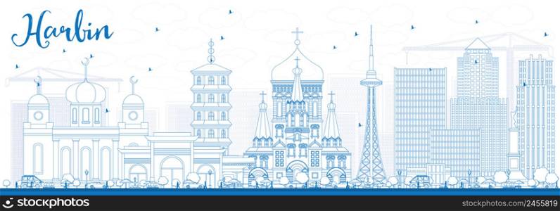 Outline Harbin Skyline with Blue Buildings. Vector Illustration. Business Travel and Tourism Concept with Historic Architecture. Image for Presentation Banner Placard and Web Site.