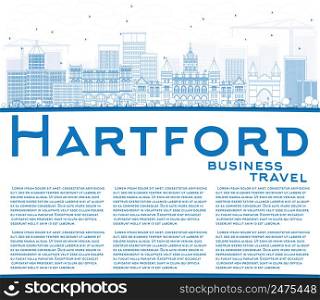 Outline Hartford Skyline with Blue Buildings and Copy Space. Vector Illustration. Business Travel and Tourism Concept with Historic Architecture. Image for Presentation Banner Placard and Web Site.