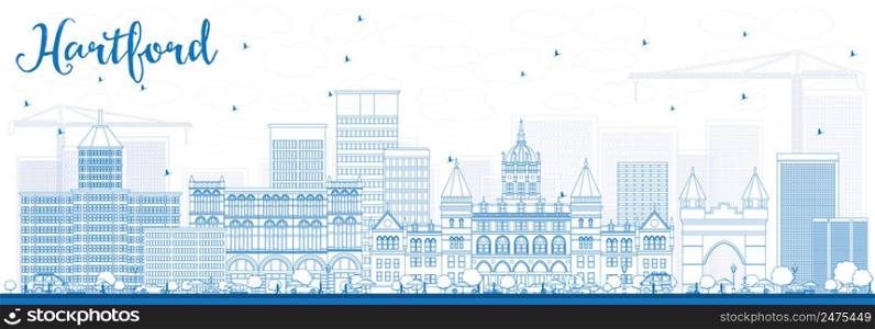 Outline Hartford Skyline with Blue Buildings. Vector Illustration. Business Travel and Tourism Concept with Historic Architecture. Image for Presentation Banner Placard and Web Site.