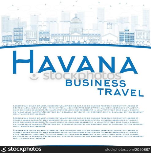Outline Havana Skyline with Blue Building and copy space. Business travel concept. Vector Illustration