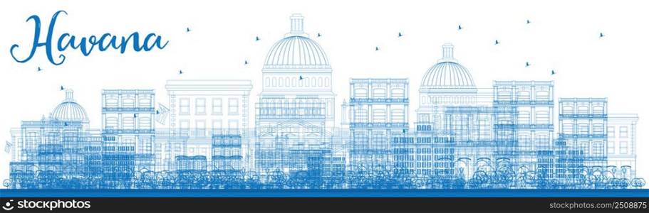 Outline Havana Skyline with Blue Buildings. Vector Illustration. Business travel and tourism concept with historic buildings. Image for presentation, banner, placard and web site.