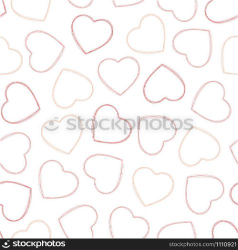 Outline hearts seamless pattern. Hand drawn heart shape contour different colors on white background. Sketched vector illustration for Valentines day celebration, wedding invitation or greeting card.. Outline red and pink hearts seamless pattern