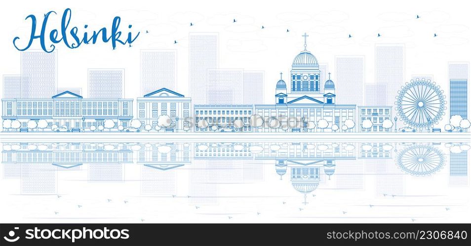 Outline Helsinki skyline with blue buildings and reflections. Vector illustration. Business travel and tourism concept with place for text. Image for presentation, banner, placard and web site.
