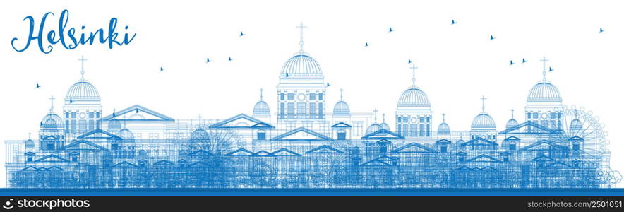 Outline Helsinki Skyline with Blue Buildings. Vector Illustration. Business travel and tourism concept with historic buildings. Image for presentation, banner, placard and web site.