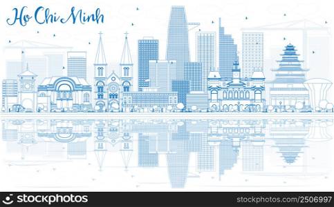 Outline Ho Chi Minh Skyline with Blue Buildings and Reflections. Vector Illustration. Business Travel and Tourism Concept with Modern Buildings. Image for Presentation Banner Placard.