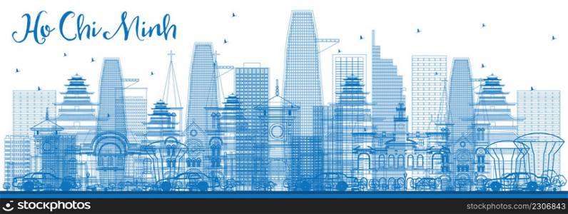 Outline Ho Chi Minh Skyline with Blue Buildings. Vector Illustration. Business Travel and Tourism Concept with Modern Architecture. Image for Presentation Banner Placard and Web Site.