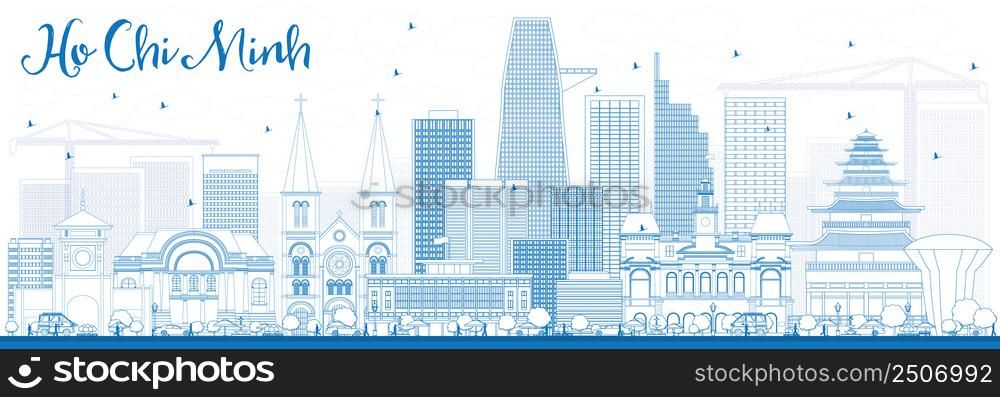 Outline Ho Chi Minh Skyline with Blue Buildings. Vector Illustration. Business Travel and Tourism Concept with Modern Buildings. Image for Presentation Banner Placard and Web Site.