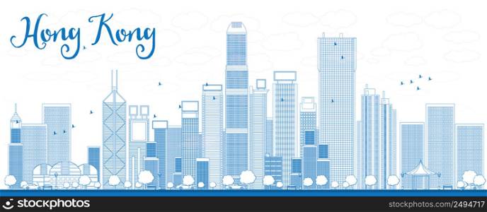 Outline Hong Kong skyline with blue skyscrapers and taxi. Vector illustration. Business travel and tourism concept with place for text. Image for presentation, banner, placard and web site.