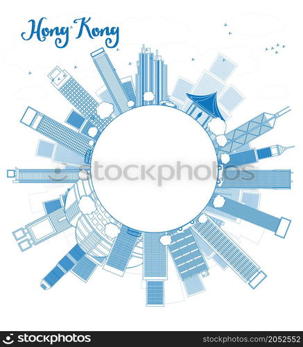 Outline Hong Kong skyline with taxi and copy space. Vector illustration