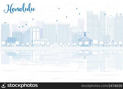 Outline Honolulu skyline with blue buildings and reflections. Vector illustration. Business travel and tourism concept with place for text. Image for presentation, banner, placard and web site.