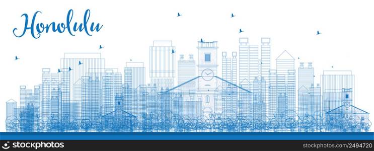 Outline Honolulu skyline with blue buildings. Hawaii. Vector illustration. Business travel and tourism concept with modern buildings. Image for presentation, banner, placard and web site.