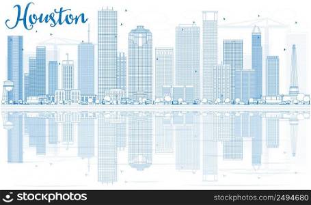 Outline Houston Skyline with Blue Buildings and Reflections. Vector Illustration. Business Travel and Tourism Concept with Modern Buildings. Image for Presentation Banner Placard and Web Site.