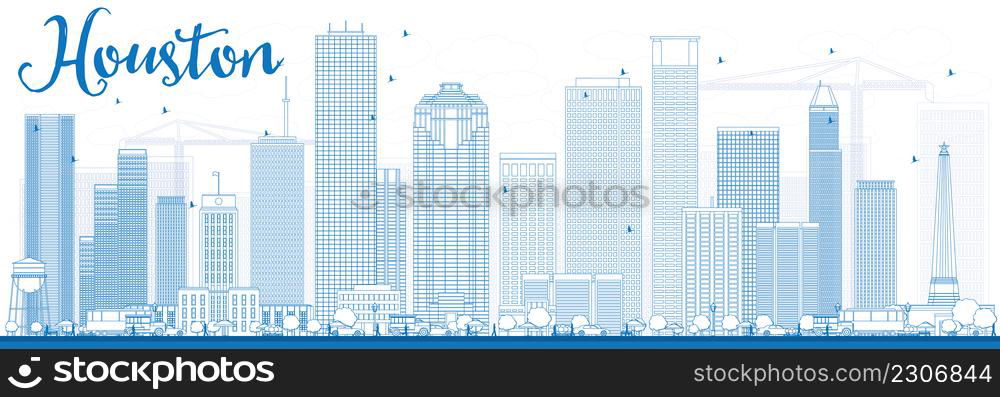 Outline Houston Skyline with Blue Buildings. Vector Illustration. Business Travel and Tourism Concept with Modern Buildings. Image for Presentation Banner Placard and Web Site.