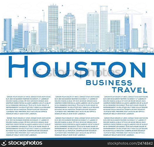 Outline Houston Skyline with Blue Buildings. Vector Illustration. Business Travel and Tourism Concept with Copy Space. Image for Presentation Banner Placard and Web Site.