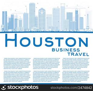 Outline Houston Skyline with Blue Buildings. Vector Illustration. Business Travel and Tourism Concept with Copy Space. Image for Presentation Banner Placard and Web Site.
