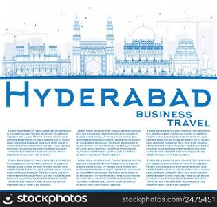 Outline Hyderabad Skyline with Blue Landmarks and Copy Space. Vector Illustration. Business Travel and Tourism Concept with Historic Buildings. Image for Presentation Banner Placard and Web Site.