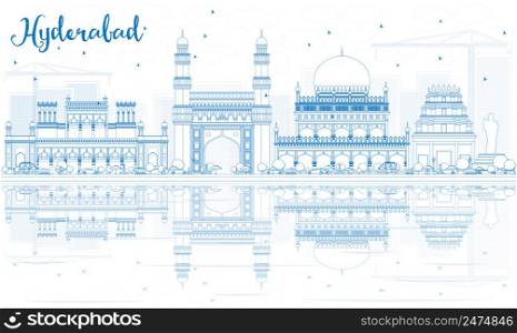 Outline Hyderabad Skyline with Blue Landmarks and Reflections. Vector Illustration. Business Travel and Tourism Concept with Historic Buildings. Image for Presentation Banner Placard and Web Site.