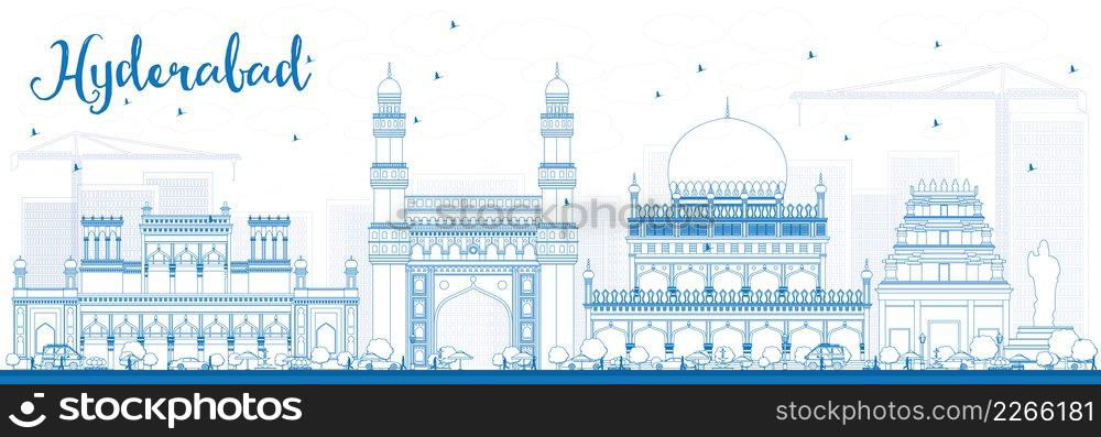 Outline Hyderabad Skyline with Blue Landmarks. Vector Illustration. Business Travel and Tourism Concept with Historic Buildings. Image for Presentation Banner Placard and Web Site.