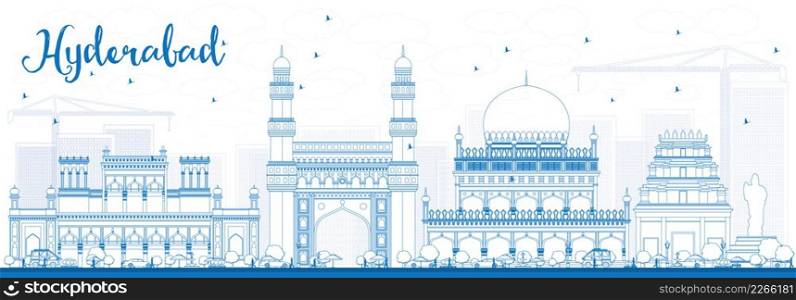 Outline Hyderabad Skyline with Blue Landmarks. Vector Illustration. Business Travel and Tourism Concept with Historic Buildings. Image for Presentation Banner Placard and Web Site.