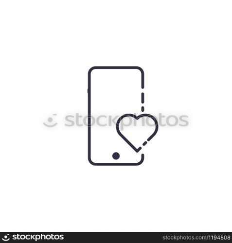 Outline icon of vector smartphone with heart shape. Friendship call mobile screen concept line illustration