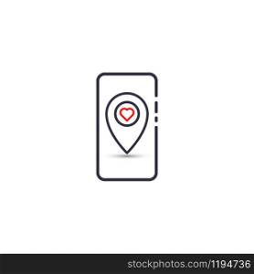 Outline icon of vector smartphone with heart shape in pinpoint place location symbol. Favorite pin gps map marker