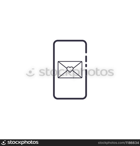 Outline icon of vector smartphone with letter mail envelope and heart shape. Friendship call mobile screen concept line illustration